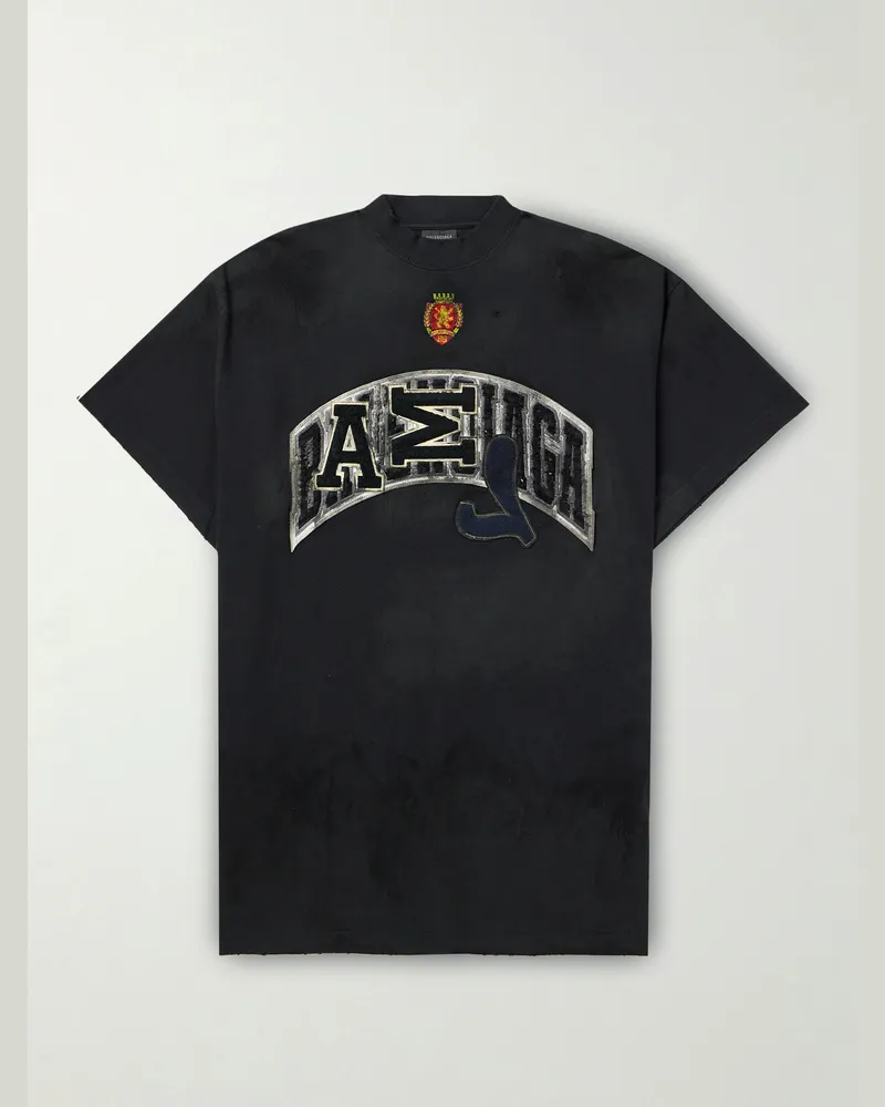 Balenciaga Oversized-T-Shirt aus Baumwoll-Jersey mit Logoapplikation in Distressed-Optik Schwarz