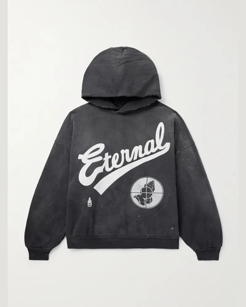 SAINT MXXXXXX Fear of God Distressed Logo-Print Cotton-Jersey Hoodie Black