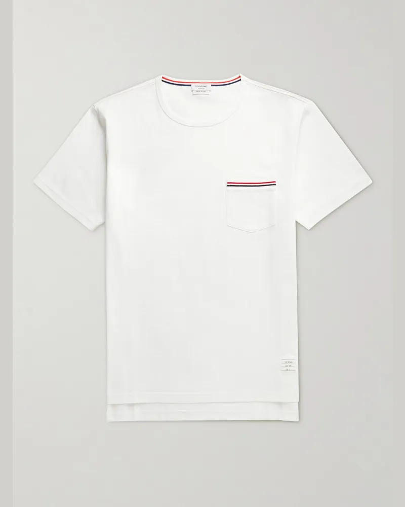 Thom Browne Schmal geschnittenes T-Shirt aus meliertem Baumwoll-Jersey mit Ripsbandbesätzen Weiß