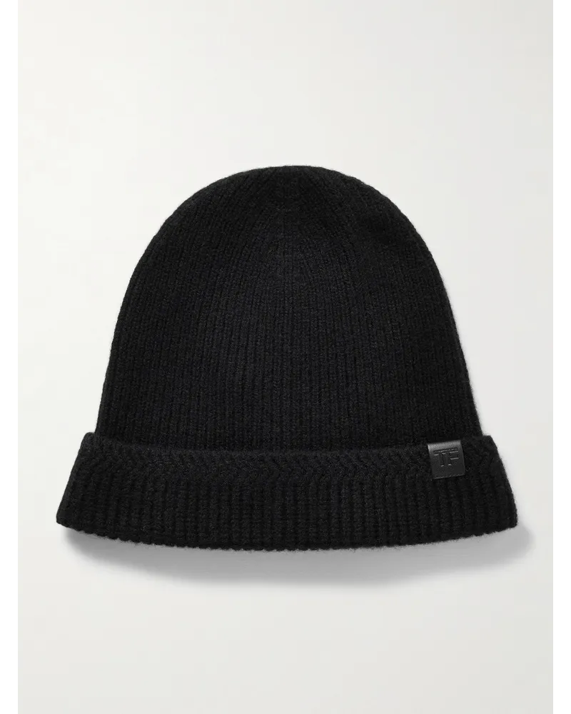 Tom Ford Beanie aus einer Woll-Kaschmirmischung in Rippstrick mit Lederbesatz Schwarz