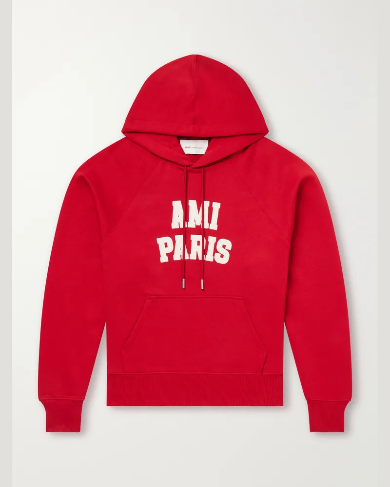 AMI Paris Logo-Embroidered Organic Cotton-Fleece Hoodie Red