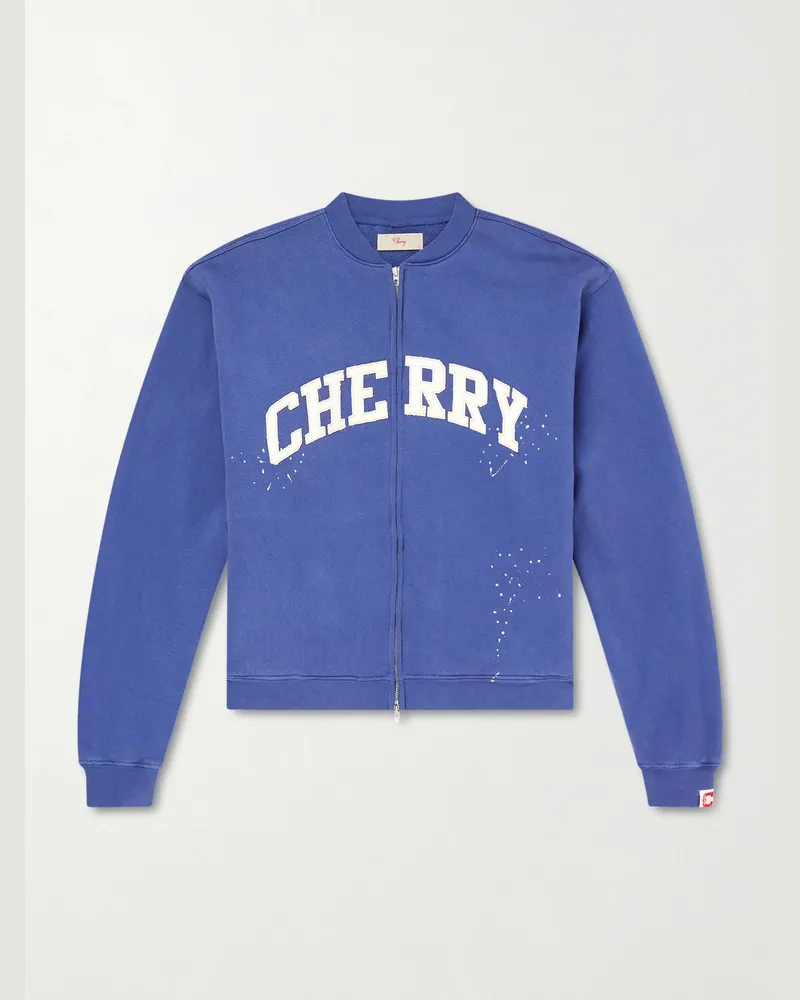 Cherry Los Angeles Logo-Appliquéd Cotton-Jersey Zip-Up Sweatshirt Blue
