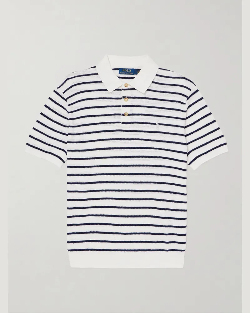 Ralph Lauren Gestreiftes Polohemd aus einer Baumwoll-Leinenmischung Weiß