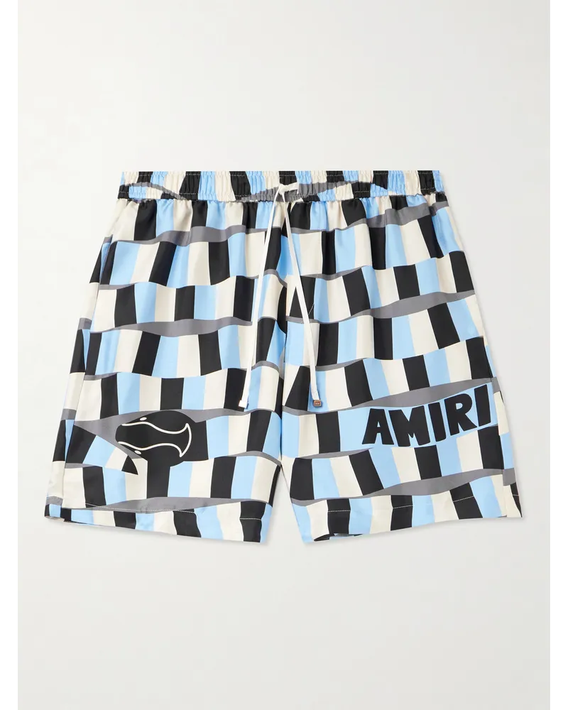 Amiri Gerade geschnittene Shorts aus Seiden-Twill mit Logoprint und Kordelzugbund Blau