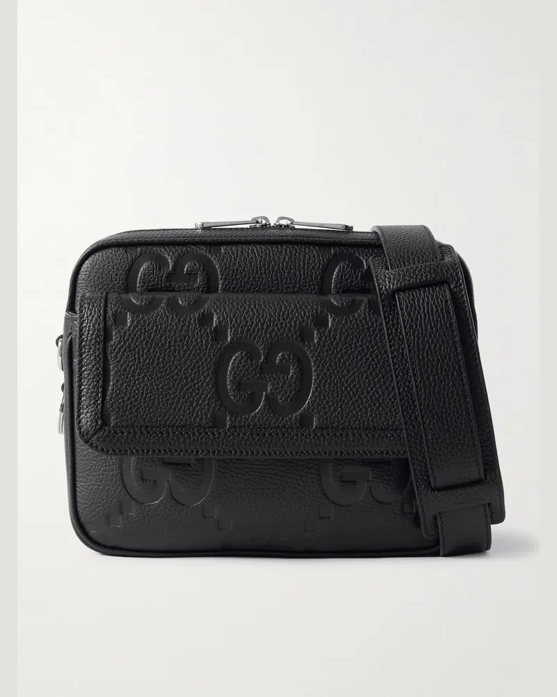 Gucci Jumbo GG Umhängetasche aus vollnarbigem Leder mit Logoprägung Schwarz