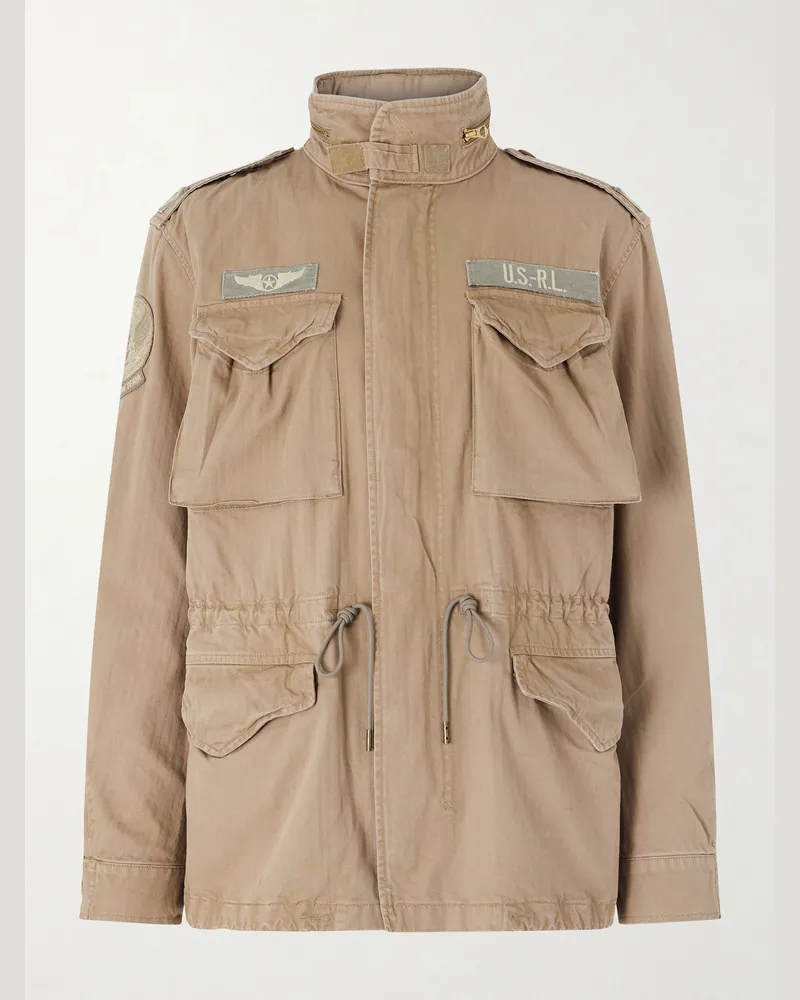 Ralph Lauren Detailed-Embroidered Cotton-Herringbone Jacket Neutrals
