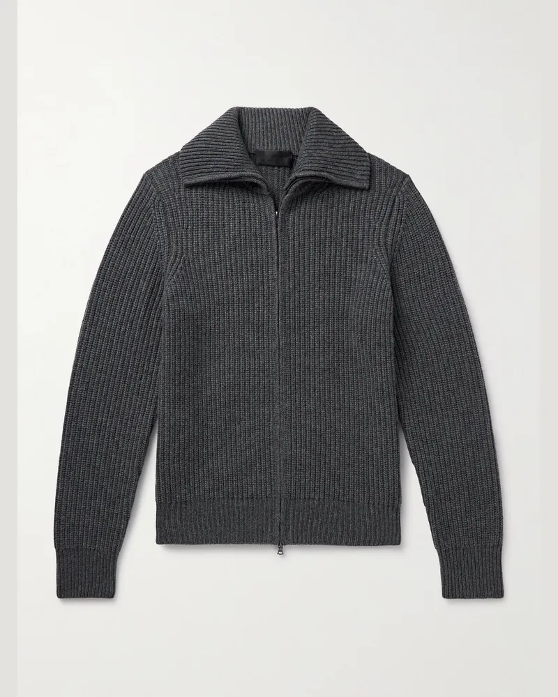 Nili Lotan Ribbed-Knit Zip-Up Cardigan Gray
