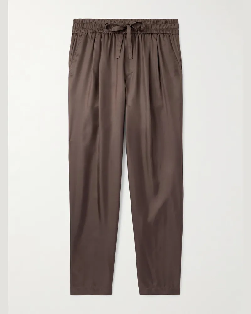 Dolce & Gabbana Schmal zulaufende Anzughose aus Seiden-Twill mit Falten und Kordelzugbund Braun