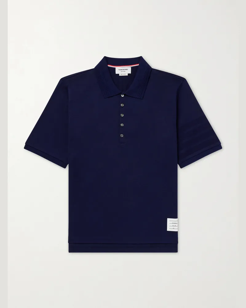 Thom Browne Striped Logo-Appliqué Cotton-Jersey Polo Shirt Blue