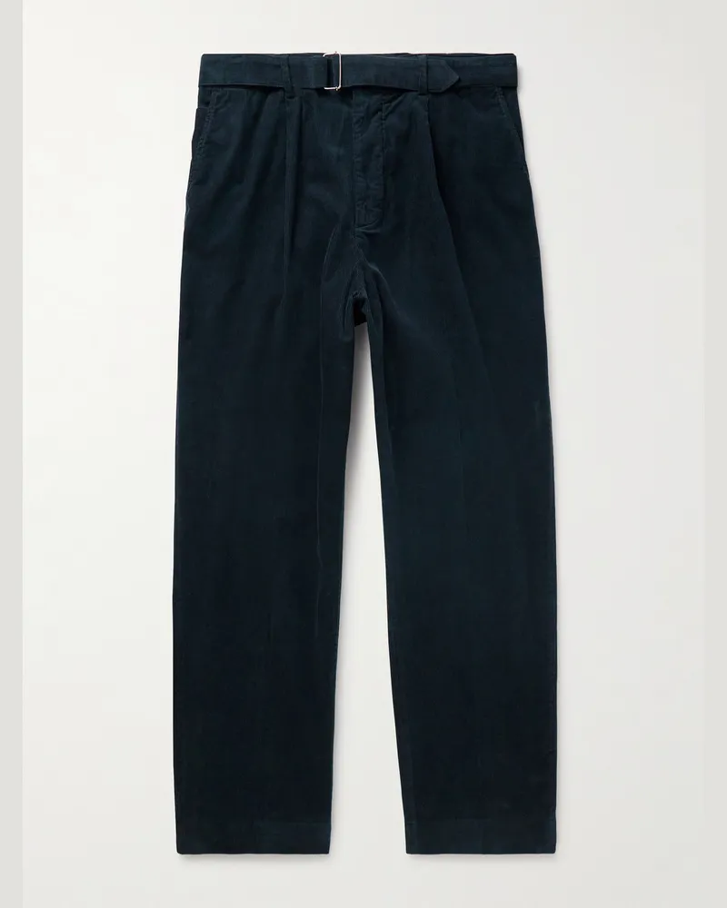 Officine Generale Hermann Straight-Leg Belted Pleated Cotton-Blend Corduroy Chinos Blue