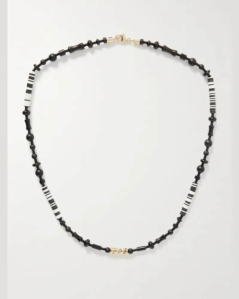 Luis Morais Kette mit Zierperlen, Achaten, Saphiren und Details aus 14 Karat Gold Schwarz