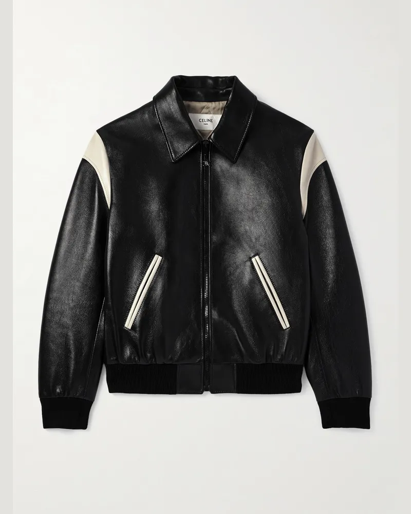 Celine Teddy schmal geschnittene Collegejacke aus Leder in Colour-Block-Optik Schwarz