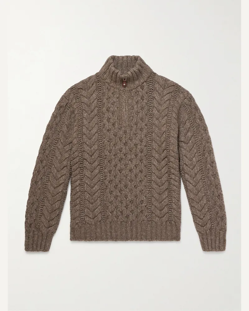 Loro Piana Cable-Knit Cashmere Half-Zip Sweater Brown