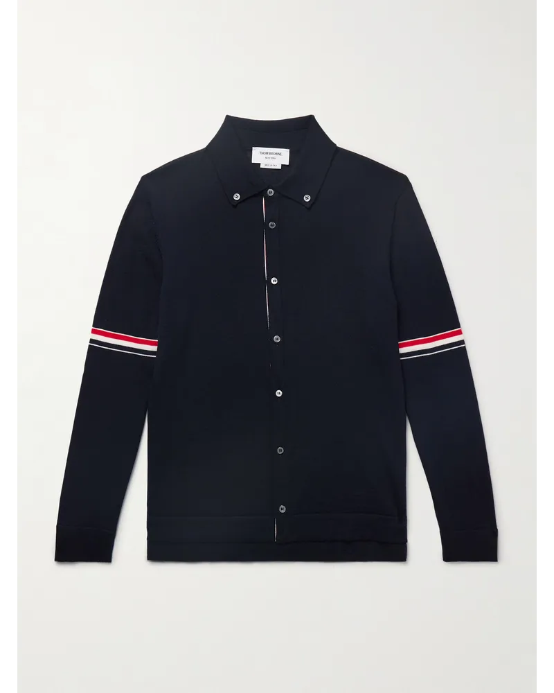 Thom Browne Schmal geschnittener Cardigan aus Schurwolle mit Ripsband und Button-Down-Kragen Blau