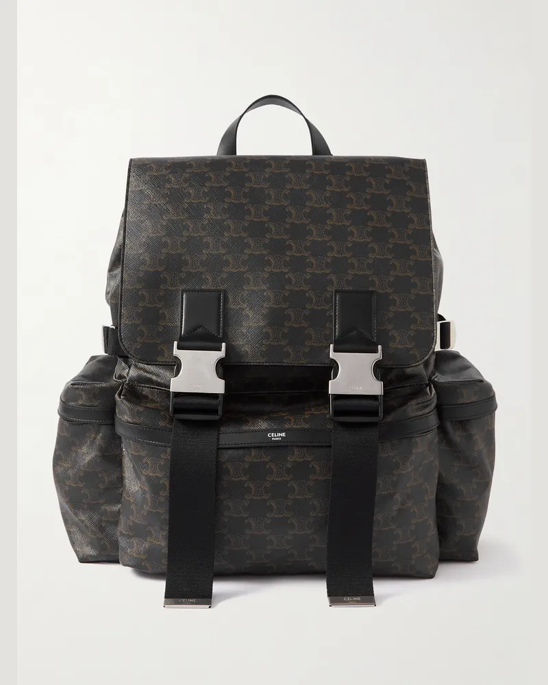 Celine Triomphe Leather-Trimmed Logo-Print Coated-Canvas Backpack Black