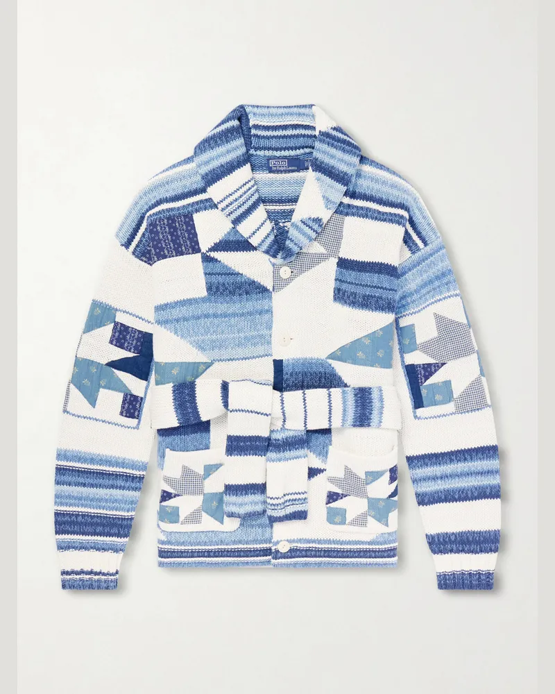 Ralph Lauren Shawl-Collar Patchwork Cotton and Linen-Blend Cardigan Blue