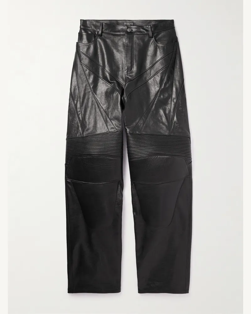 Balenciaga Biker Wide-Leg Panelled Leather Trousers Black