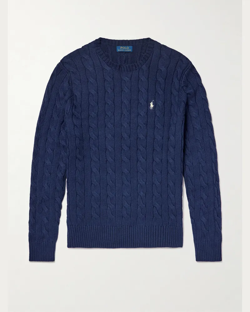 Ralph Lauren Driver Logo-Embroidered Cable-Knit Cotton Sweater Blue