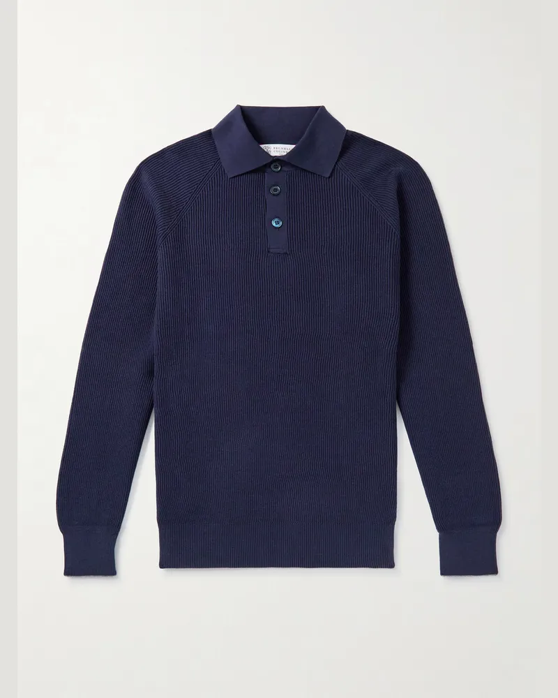Brunello Cucinelli Ribbed Cotton Polo Shirt Blue