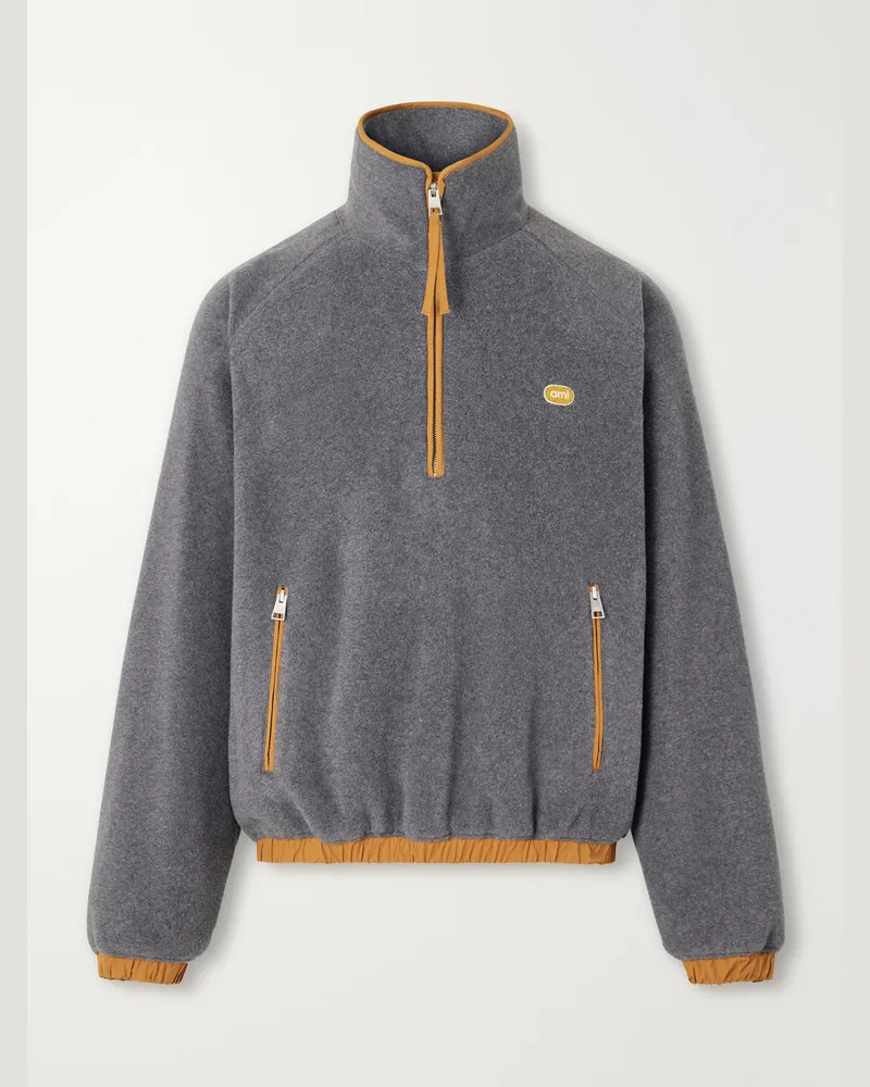AMI Paris Logo-Appliquéd Shell-Trimmed Fleece Half-Zip Sweater Gray