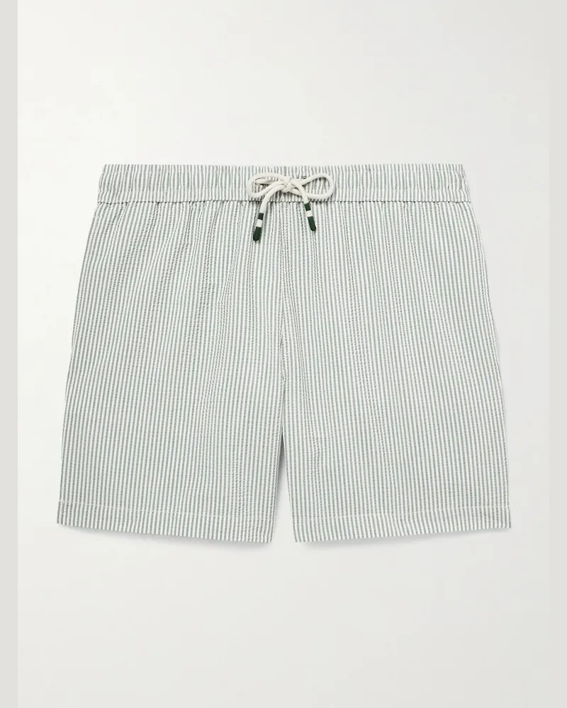 Hartford Gerade geschnittene mittellange Badeshorts aus gestreiftem Seersucker Grün