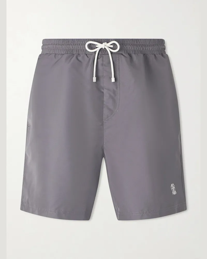 Brunello Cucinelli Straight-Leg Mid-Length Logo-Embroidered Swim Shorts Gray