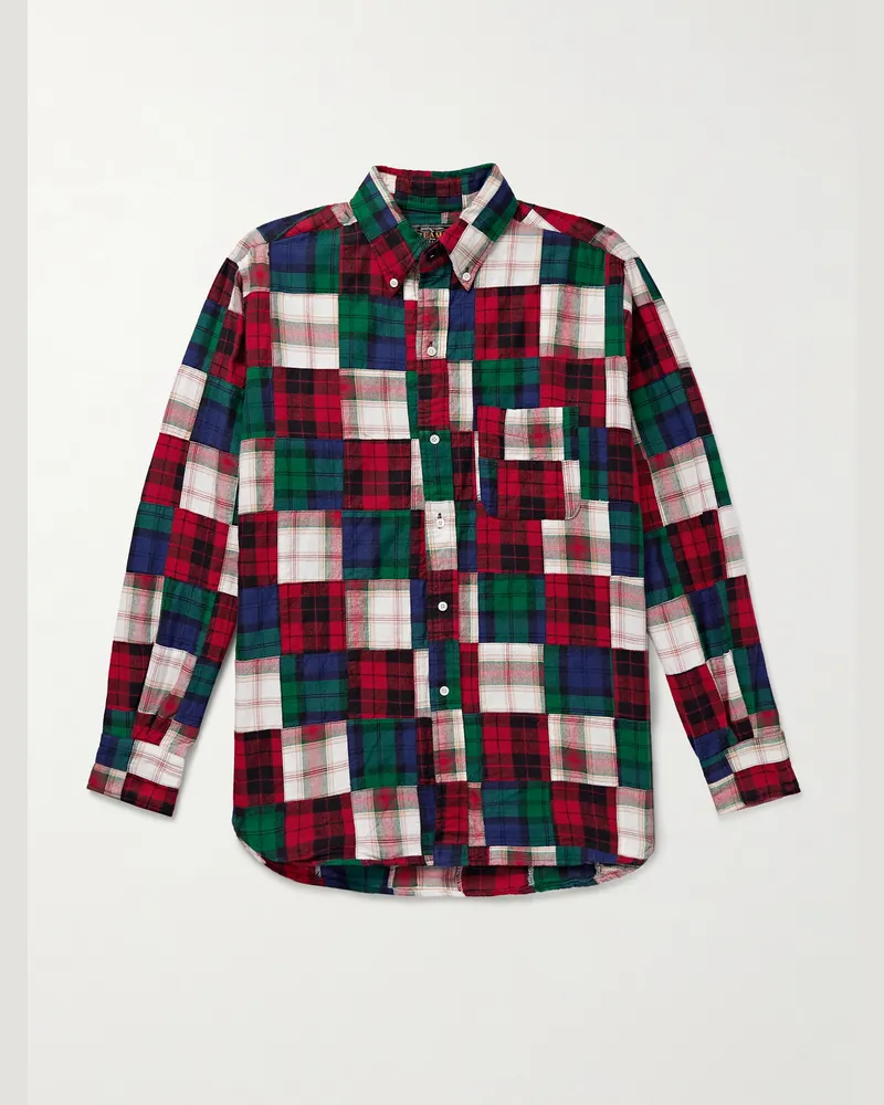 Beams Plus Kariertes Hemd aus Woll-Madras in Patchwork-Optik mit Button-Down-Kragen Rot