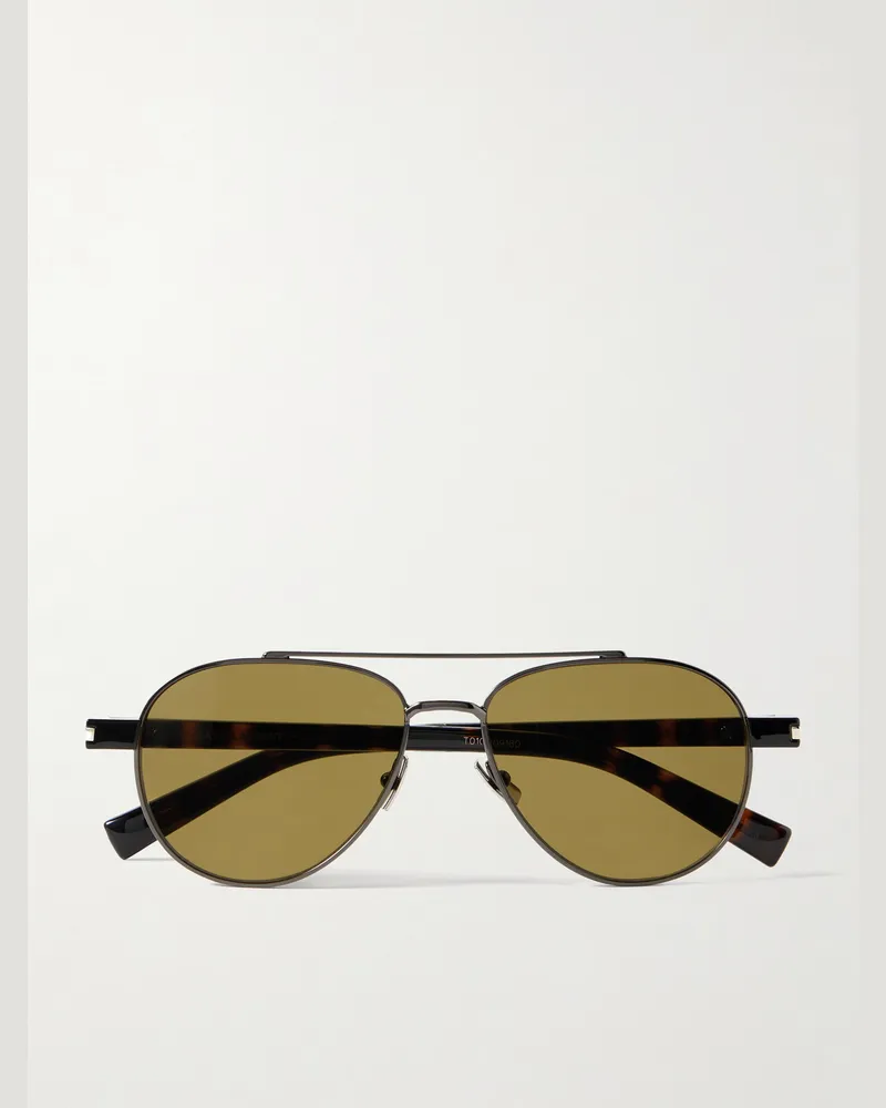 Saint Laurent Stahlgraue Pilotensonnenbrille mit Details aus Azetat in Schildpattoptik Horn