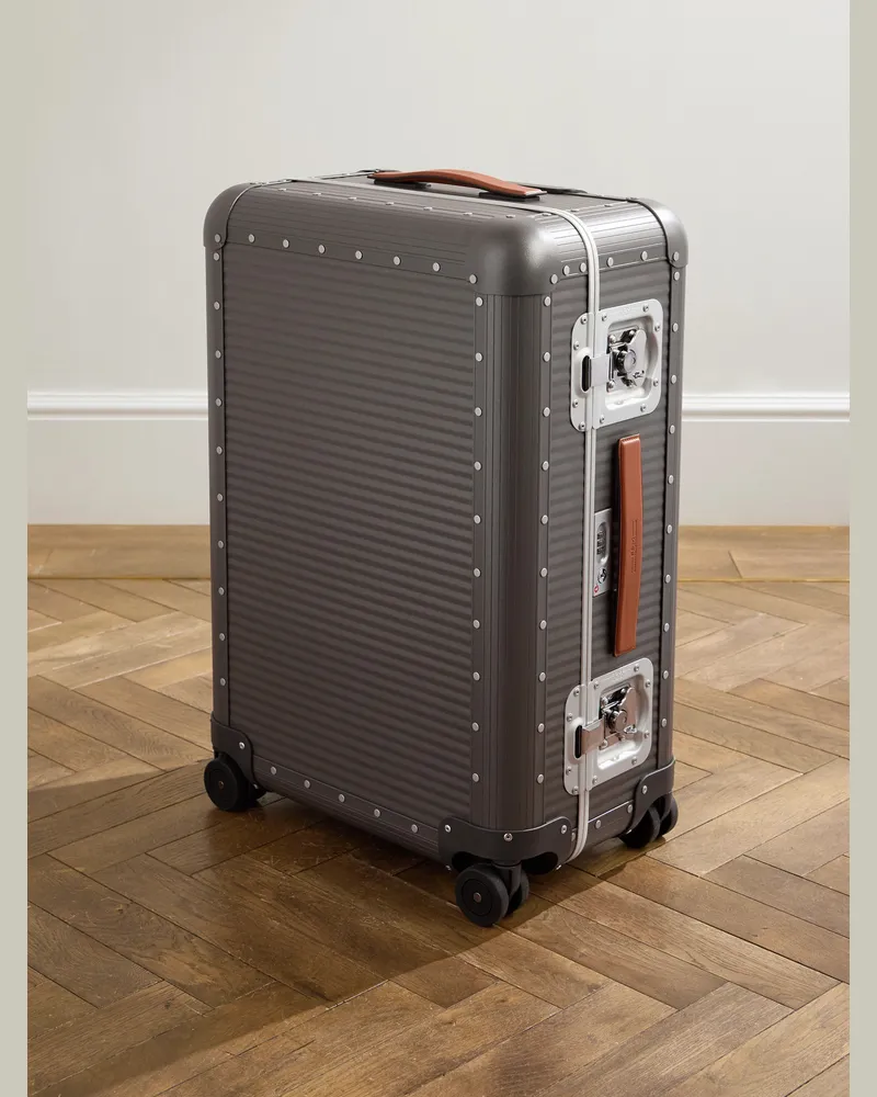 FPM Bank Spinner Koffer aus Aluminium mit Rollen und Lederbesatz, 68 cm Grau