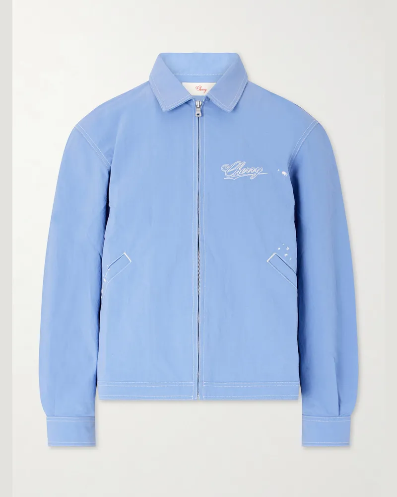 Cherry Los Angeles Logo-Embroidered Paint-Splattered Shell Jacket Blue