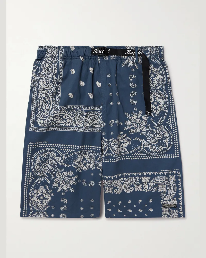 KAPITAL Straight-Leg Belted Bandana-Print Patchwork Cotton-Twill Shorts Blue