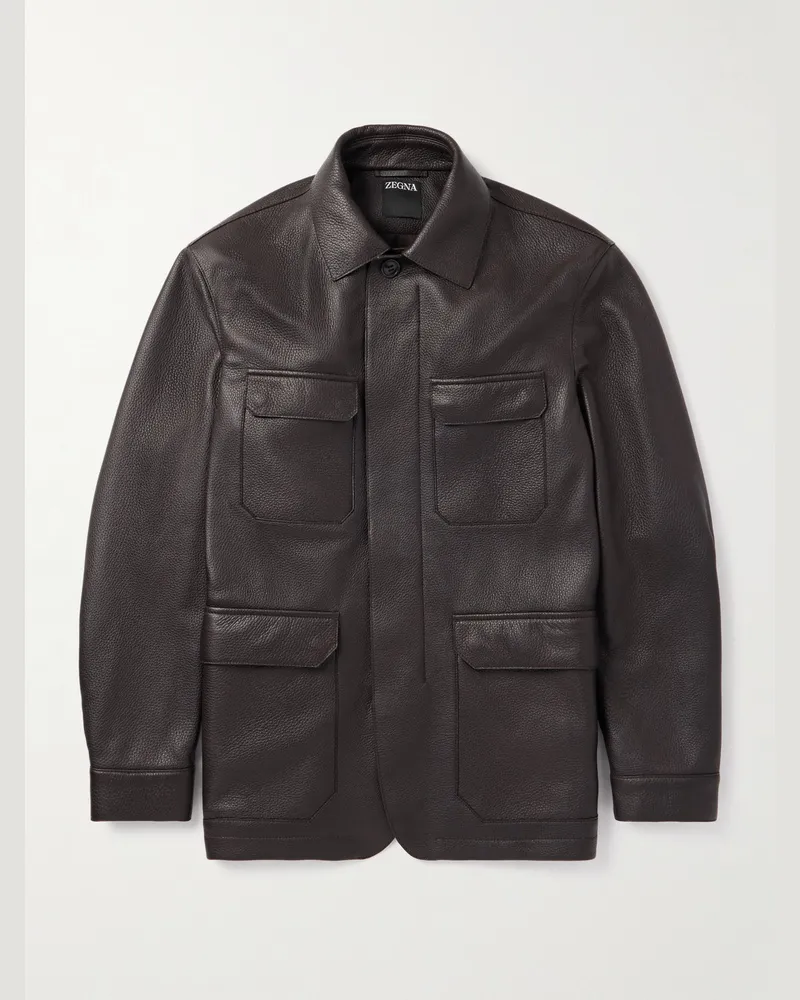 Ermenegildo Zegna Wattierte Feldjacke aus vollnarbigem Leder- Vollnarbiges Leder in Dunkelbraun Braun