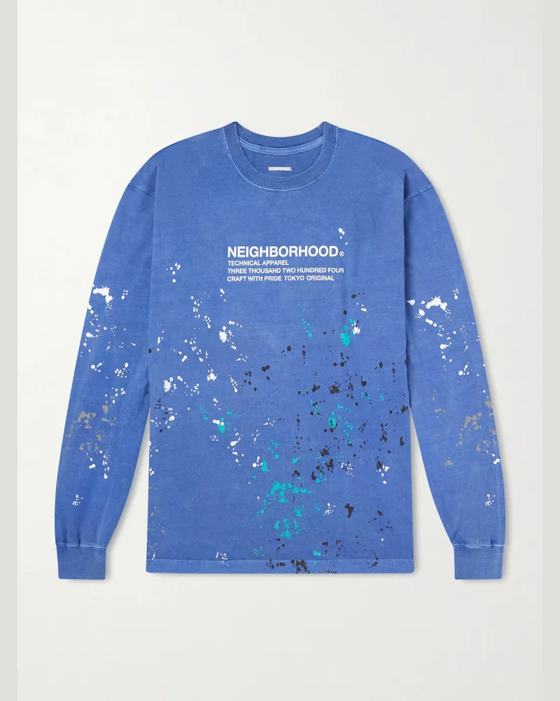 Neighborhood Paint-Splattered Logo-Print Cotton-Jersey T-Shirt Blue
