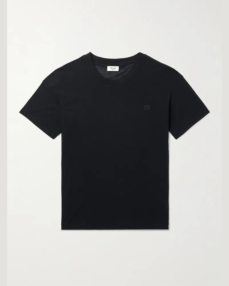 Celine Schmal geschnittenes T-Shirt aus Baumwoll-Jersey mit Logostickerei Schwarz