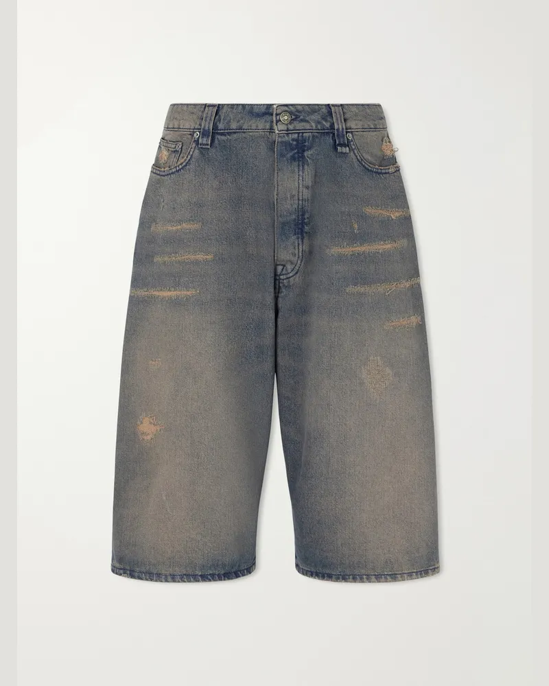 FourTwoFour on Fairfax Big Daddy Wide-Leg Distressed Denim Shorts Blue