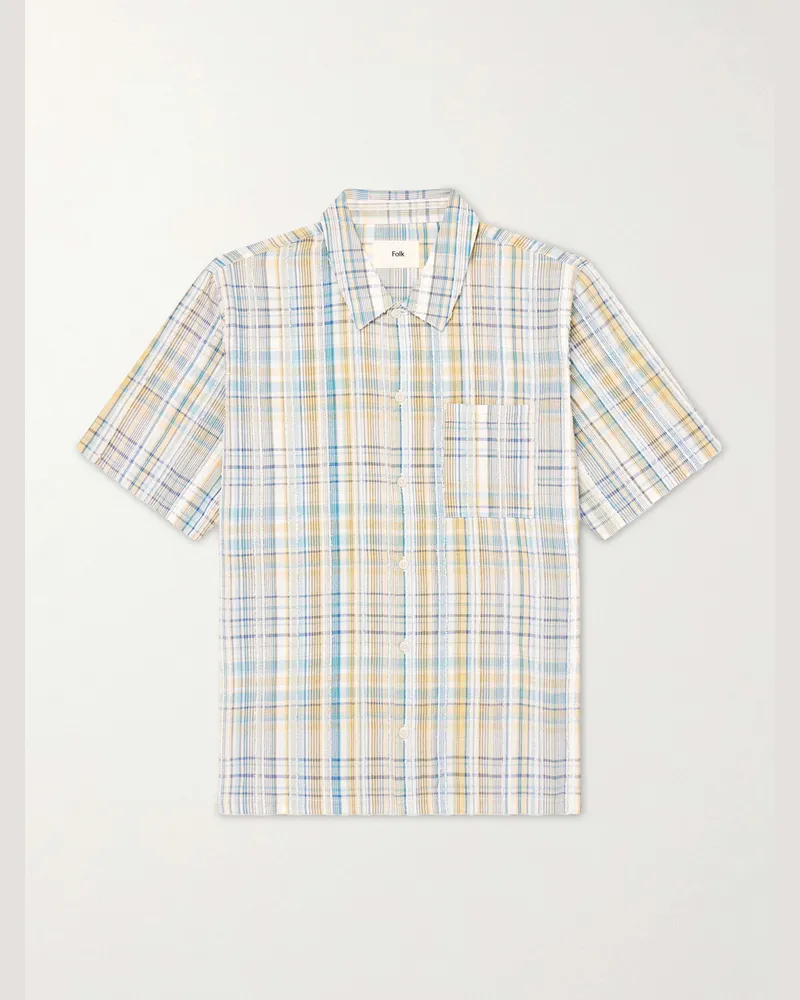 Folk Gabe Cotton-Blend Seersucker Shirt Blue