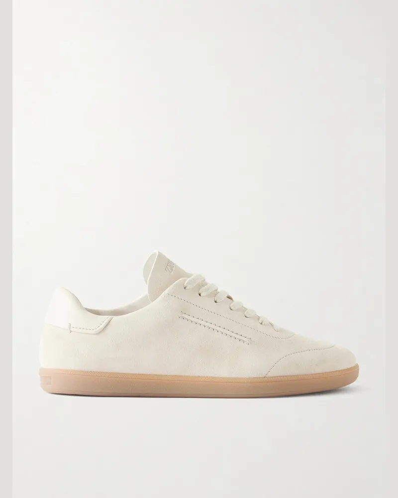Ermenegildo Zegna 232 Leather-Trimmed Suede Sneakers White