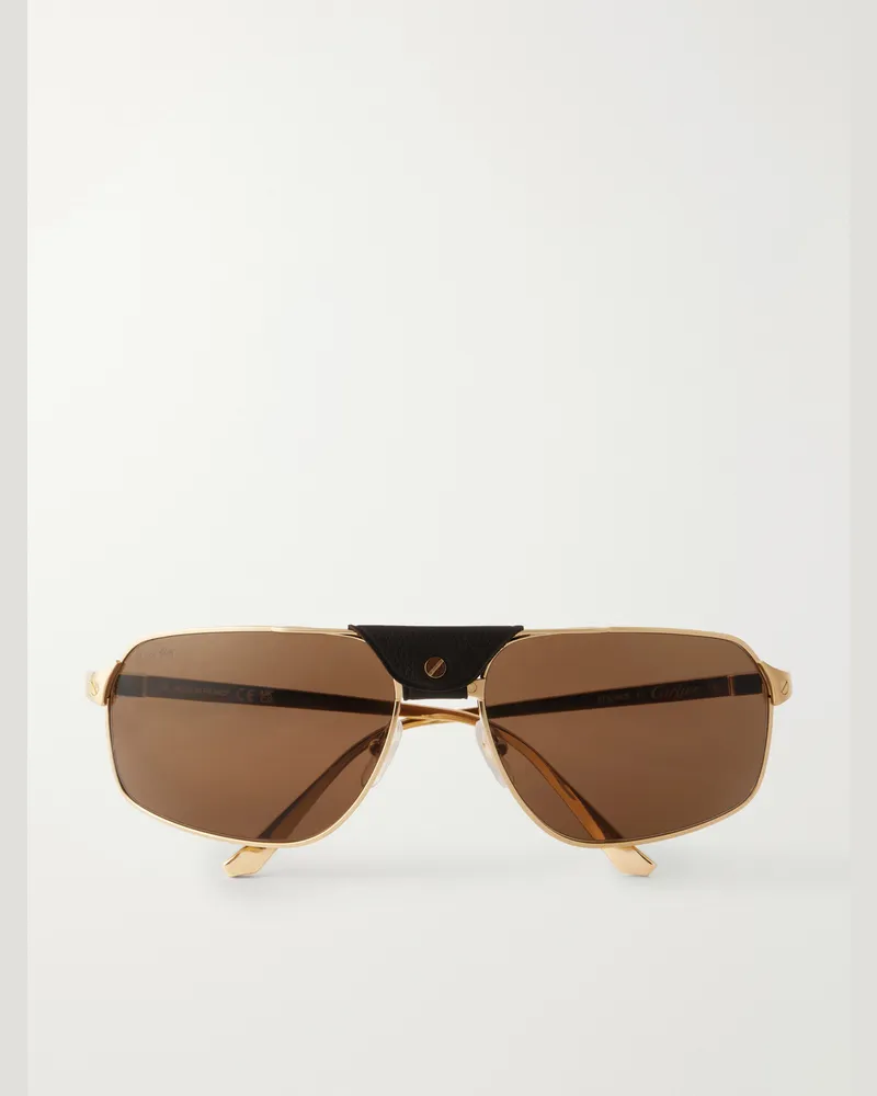 Cartier Santos de Cartier Aviator-Style Leather-Trimmed Gold-Tone Sunglasses Gold