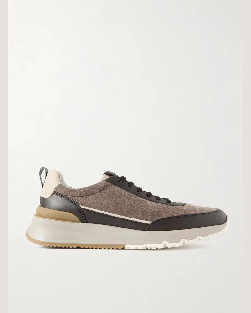 Brunello Cucinelli Sneakers aus Veloursleder mit Lederbesatz Braun