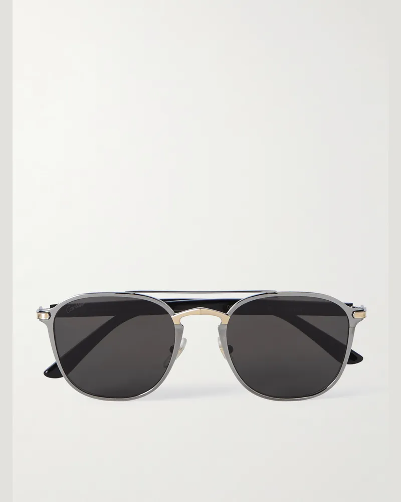 Cartier Stahlgraue Pilotensonnenbrille mit goldfarbenen Details und Bügeln aus Azetat Schwarz