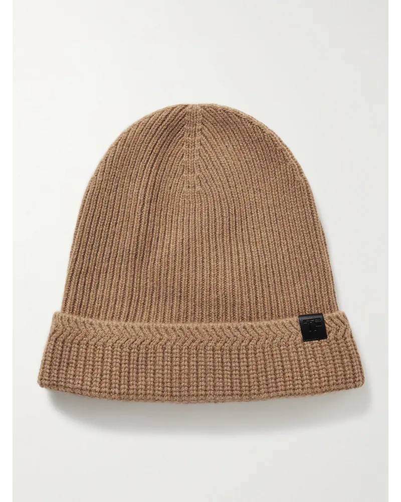 Tom Ford Beanie aus einer Woll-Kaschmirmischung in Rippstrick mit Lederbesatz Neutral