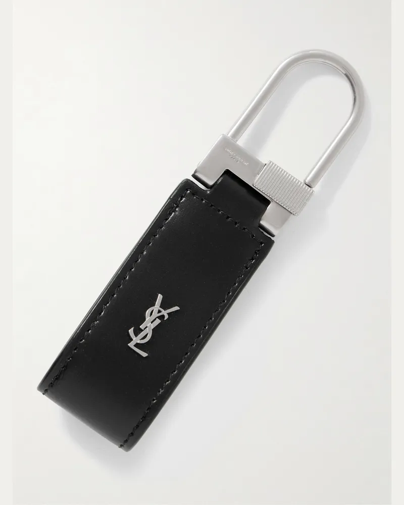 Saint Laurent Tiny Cassandre Schlüsselanhänger aus Leder mit Logoverzierung und silberfarbenem Detail Schwarz