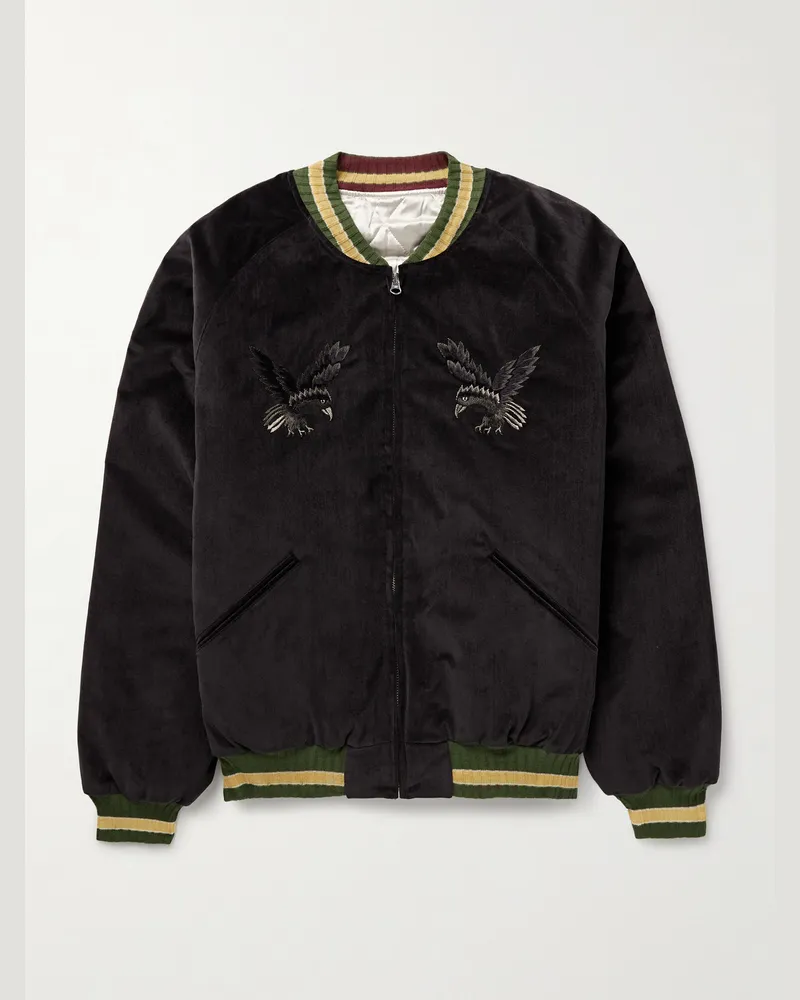 KAPITAL Souvenir Padded Embroidered Cotton-Velvet Bomber Jacket Black