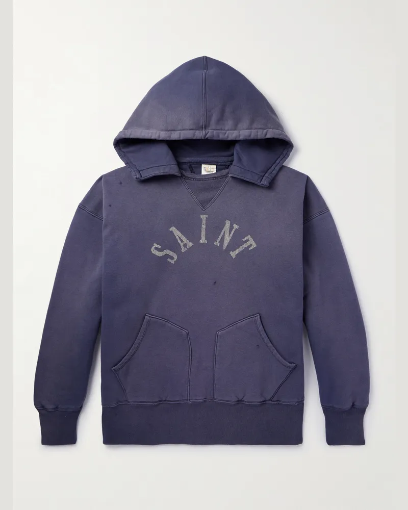 SAINT MXXXXXX Logo-Print Distressed Cotton-Jersey Hoodie Blue