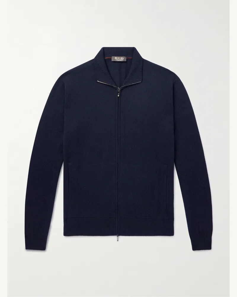 Loro Piana Ribbed Cashmere Zip-Up Sweater Blue
