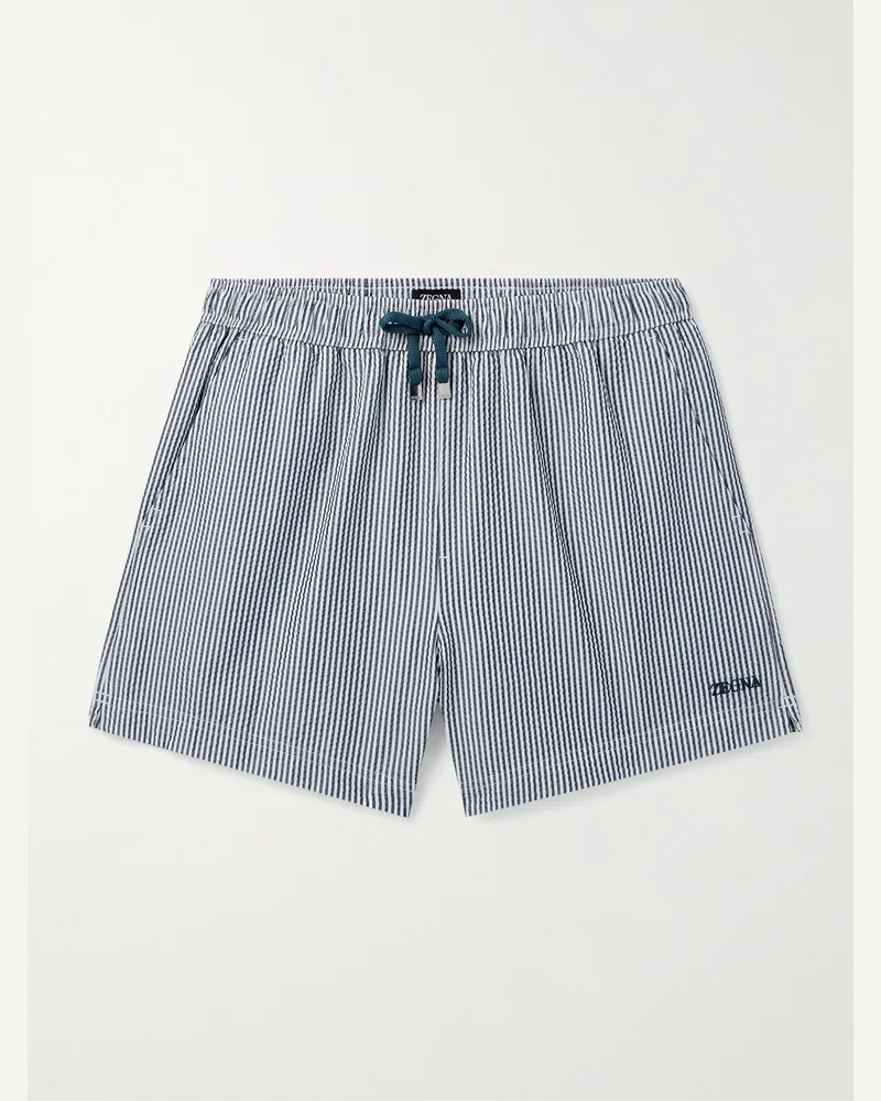 Ermenegildo Zegna Straight-Leg Mid-Length Striped Seersucker Shorts Blue