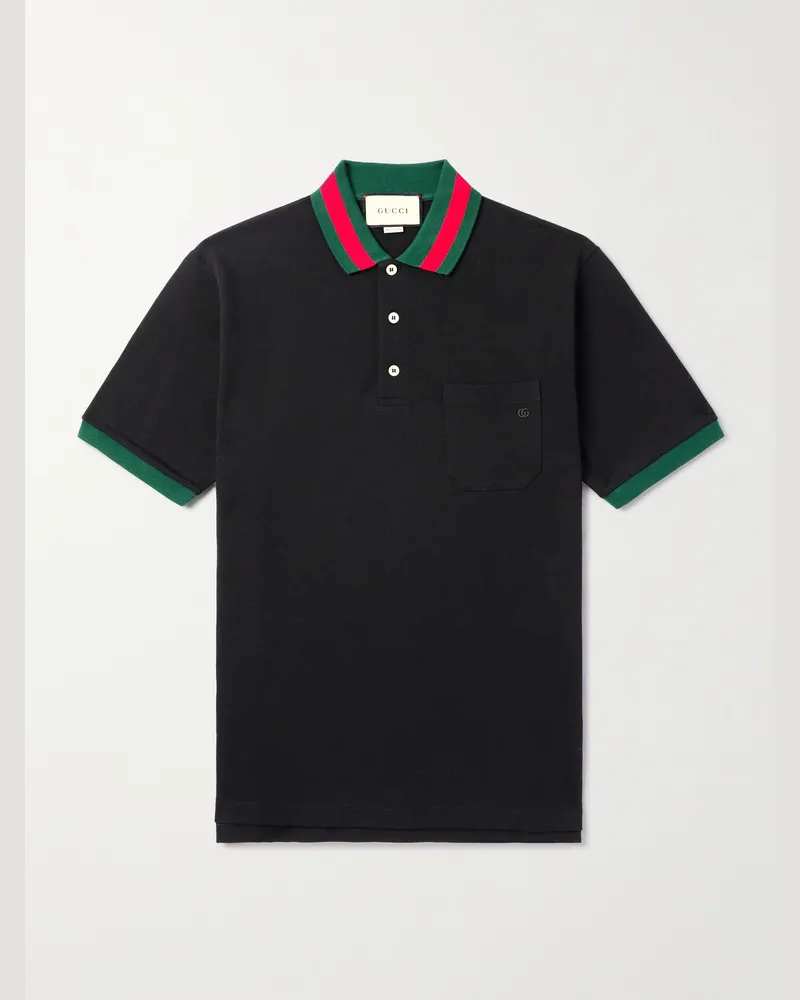 Gucci Logo-Embroidered Stretch-Cotton Piqué Polo Shirt Black