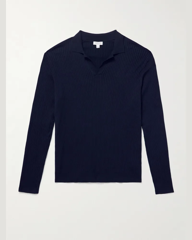 Sunspel Slim-Fit Ribbed Mulberry Silk and Cotton-Blend Polo Shirt Blue