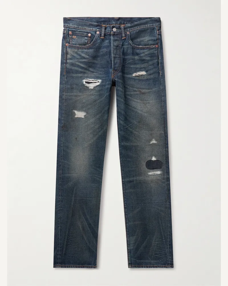 RRL Gerade geschnittene Jeans aus Selvedge Denim in Distressed-Optik Blau