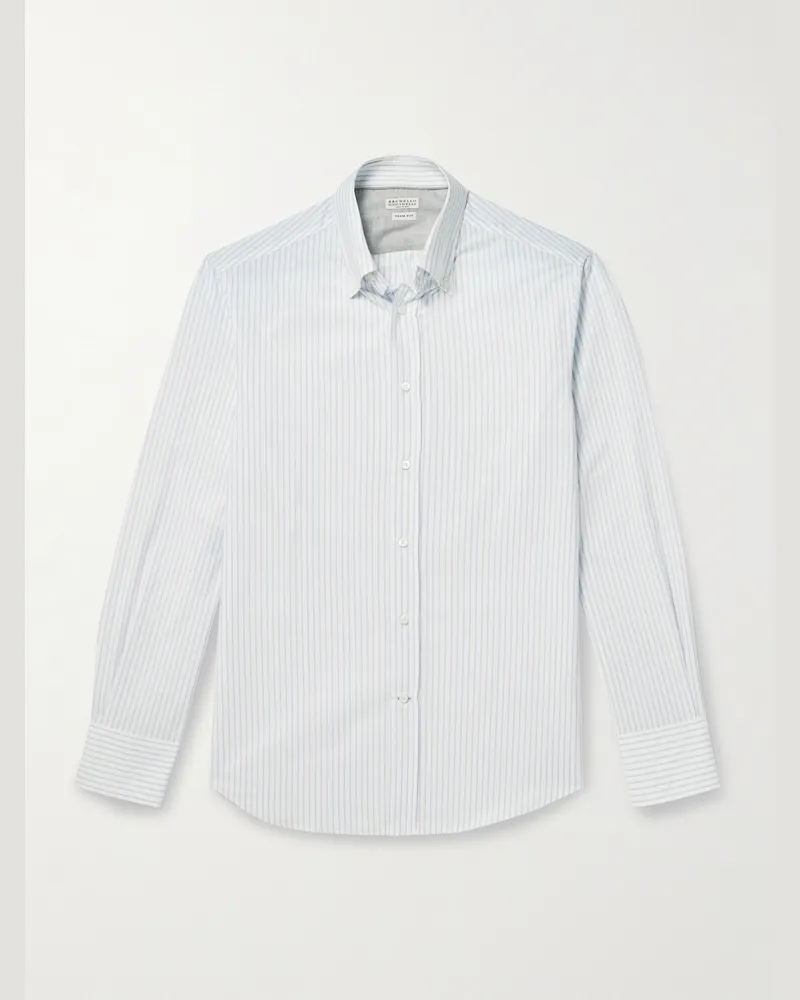 Brunello Cucinelli Gestreiftes Hemd aus Baumwolle mit Button-Down-Kragen Weiß